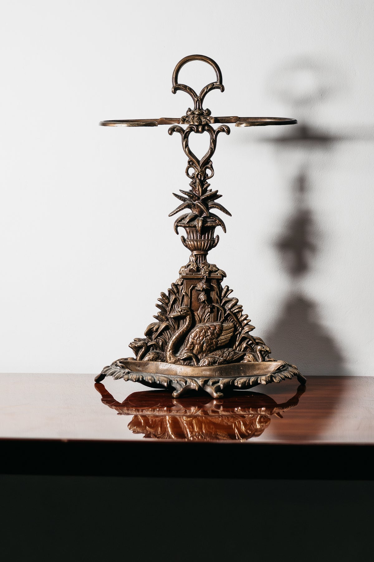 Vintage French Art Nouveau Style Brass Umbrella Stand with Swan Relief – 1960s
