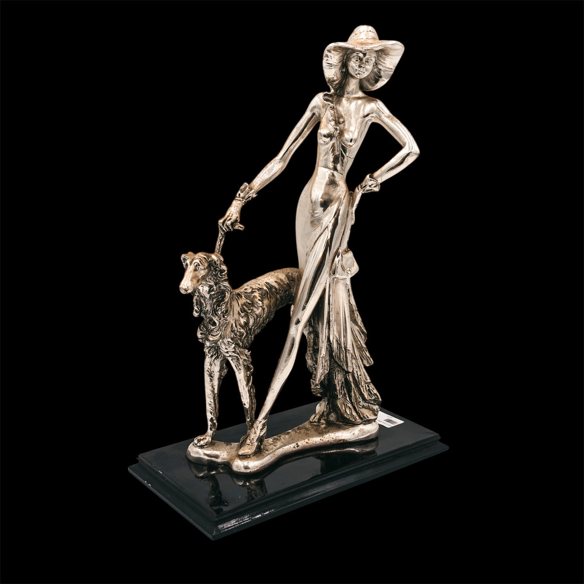 Scultura Amilcare Santini Vintage Dama con Levriero Resina Argentata Art Déco