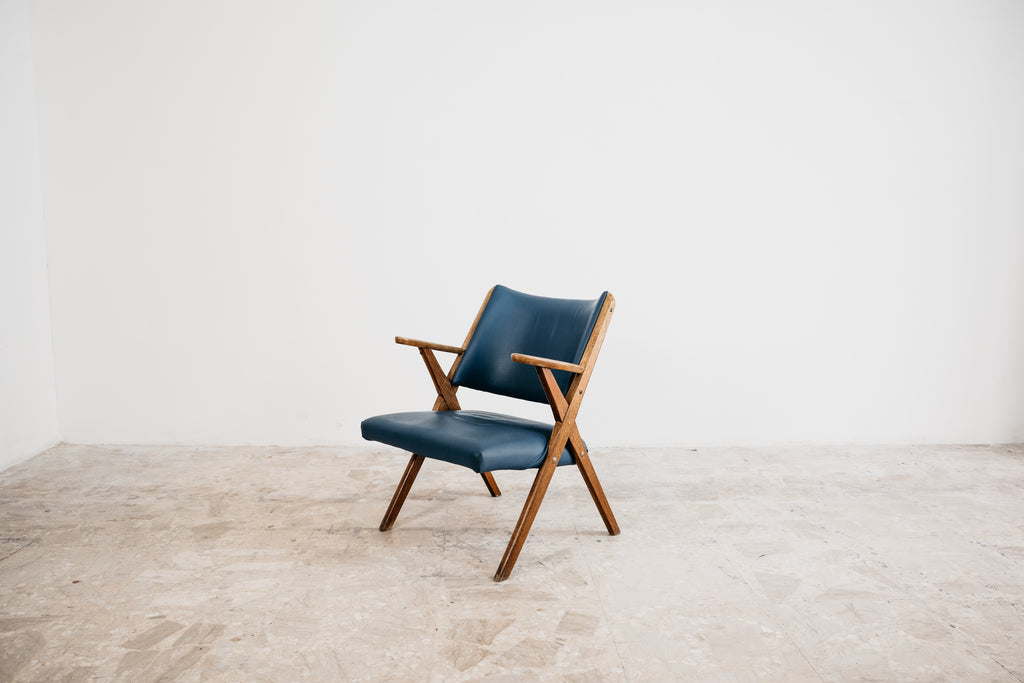 Poltrona Lounge Vintage Dal Vera in Legno e Skai Blu (Anni '50/'60)