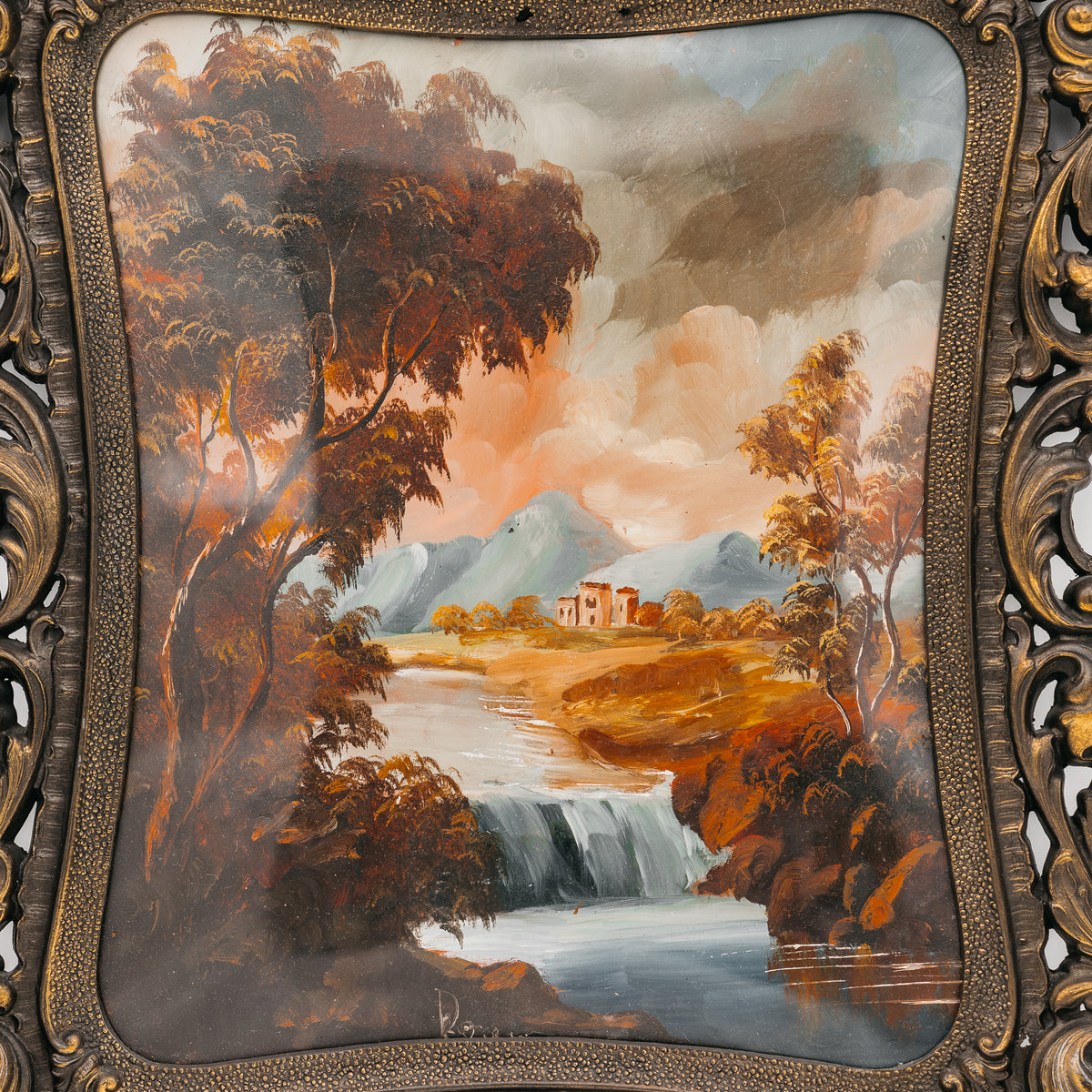Quadro su Tela Paesaggio Vintage Autunnale con Cascata e Ricca Cornice Barocca