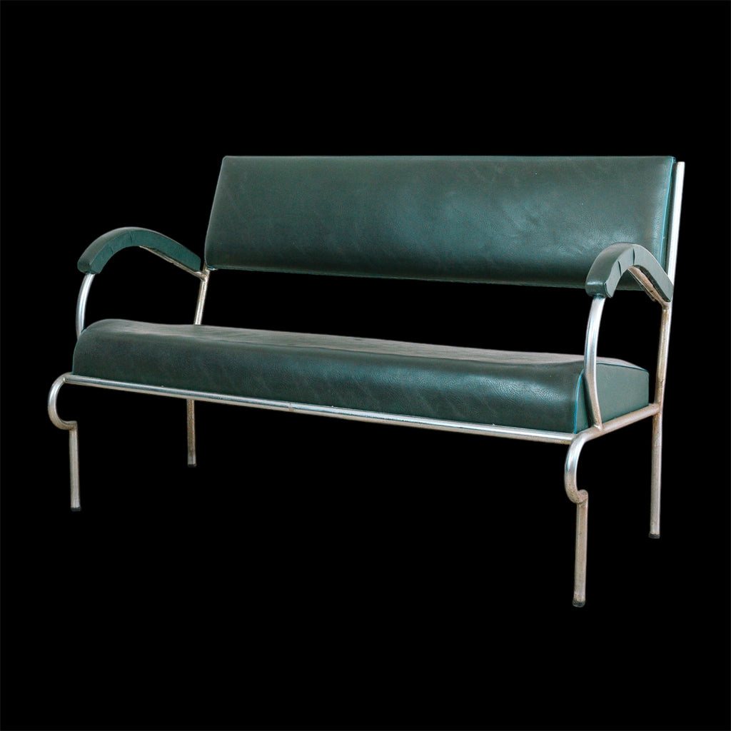 Divanetto Due Posti Vintage Bauhaus in Tubolare d'Acciaio e Skai Verde (Anni '40)