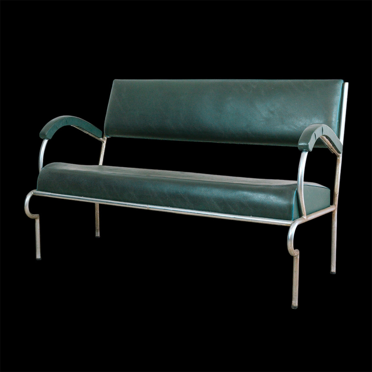 Divanetto Due Posti Vintage Bauhaus in Tubolare d'Acciaio e Skai Verde (Anni '40)