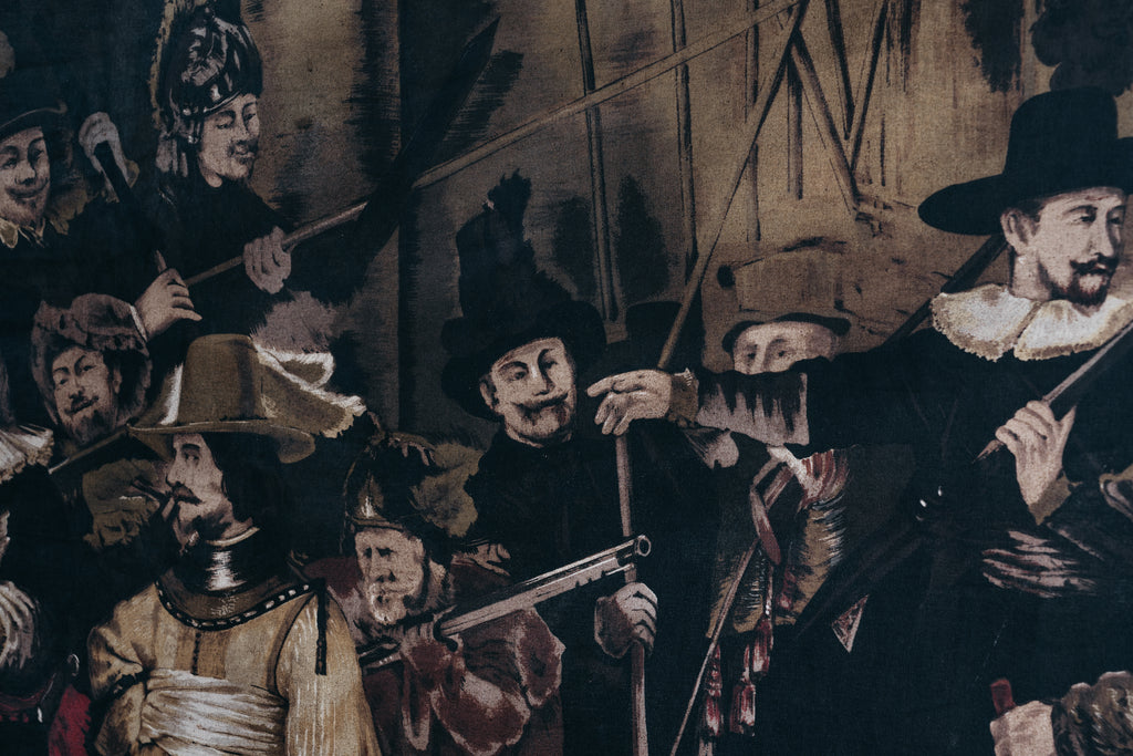 Large Vintage Reproduction of Rembrandt’s "The Night Watch" – Mixed Media on Fabric (191x136 cm)