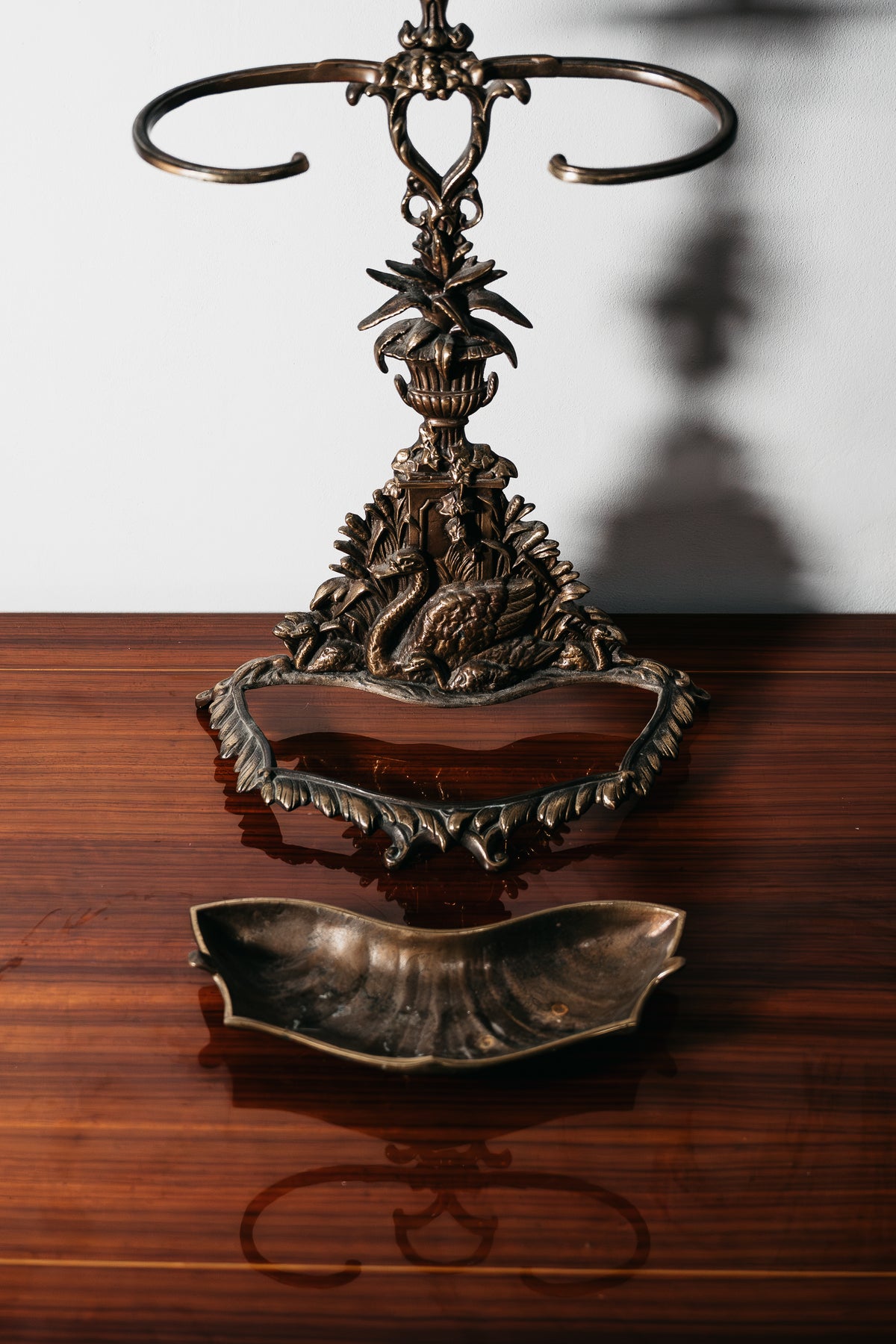Vintage French Art Nouveau Style Brass Umbrella Stand with Swan Relief – 1960s