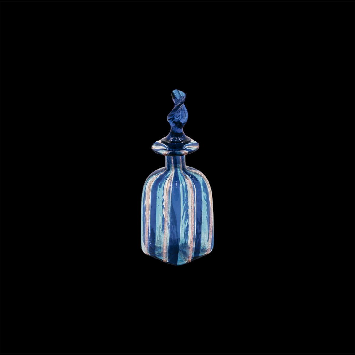 Bottiglia Profumo Vintage in Vetro di Murano a Canne Azzurre e Rosa con Tappo