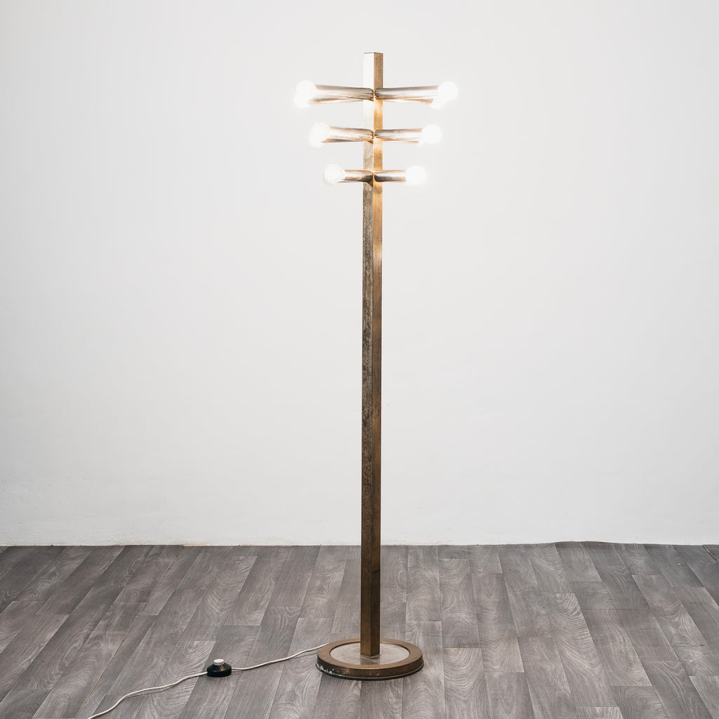 Lampada da Terra in Stile Gaetano Sciolari Vintage Anni 70 Ottone 12 Luci Piantana Space Age