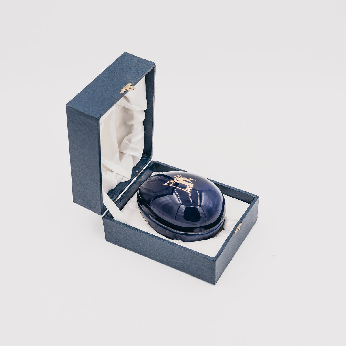 Scatola Portagioie a Uovo in Porcellana Blu Cobalto Stile Fabergé - Oggetto da Collezione con Custodia Originale