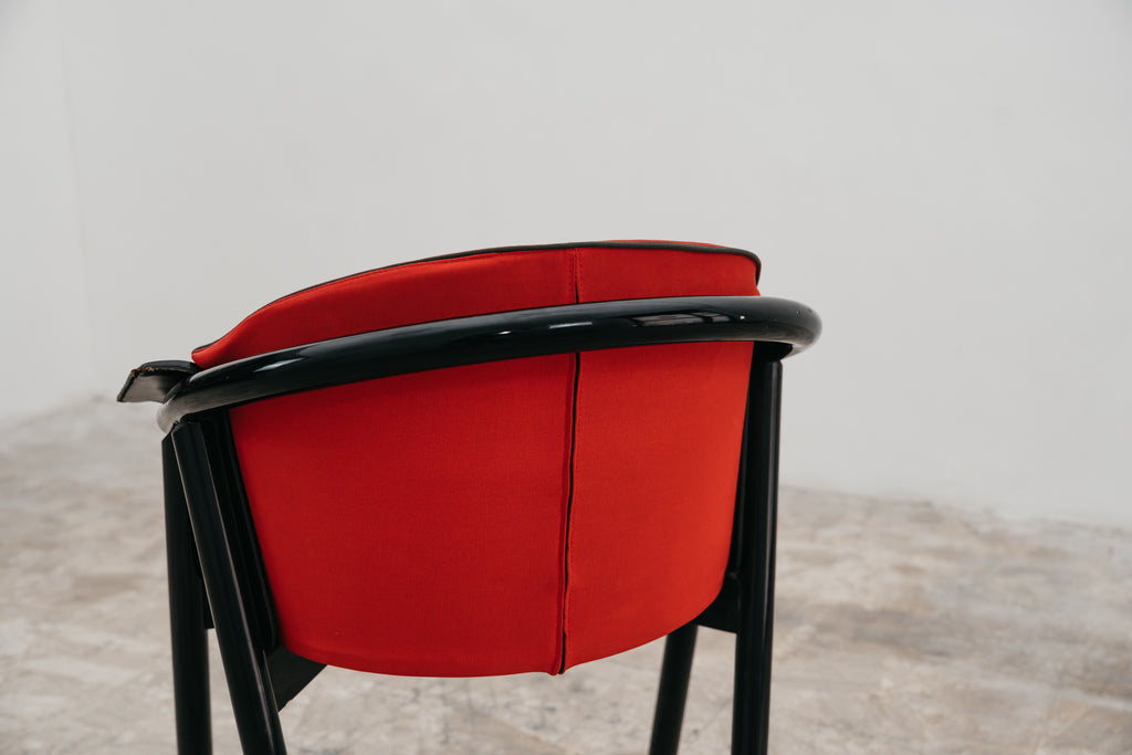 Set 4 Sedie Pozzi & Verga Vintage Anni 70 Legno Laccato Nero Tessuto Rosso Modernariato Design