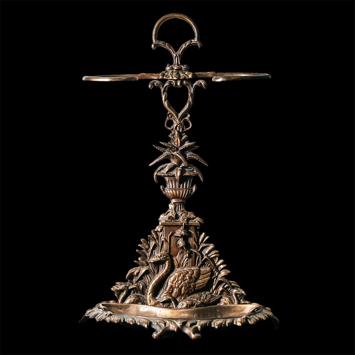 Vintage French Art Nouveau Style Brass Umbrella Stand with Swan Relief – 1960s