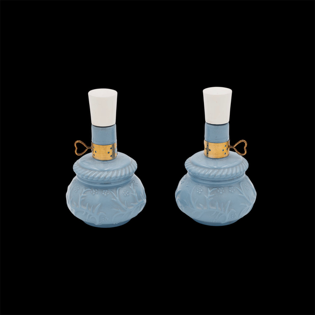 Coppia Boccette Profumo Vintage Avon Courting Lamp Vetro Opalino Blu Anni 70