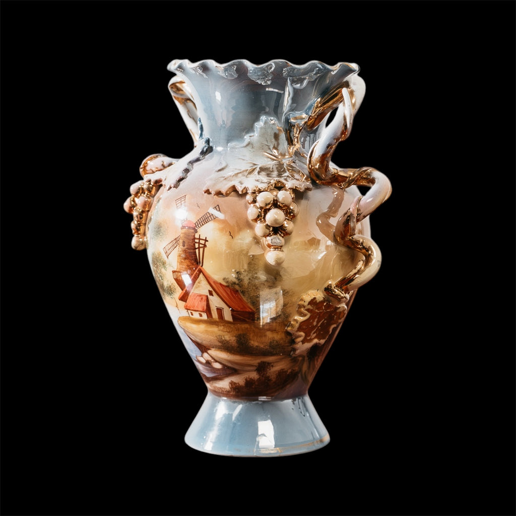 Vaso Vintage Anni 60 Ceramica Oro Grappoli Uva Manici Oro