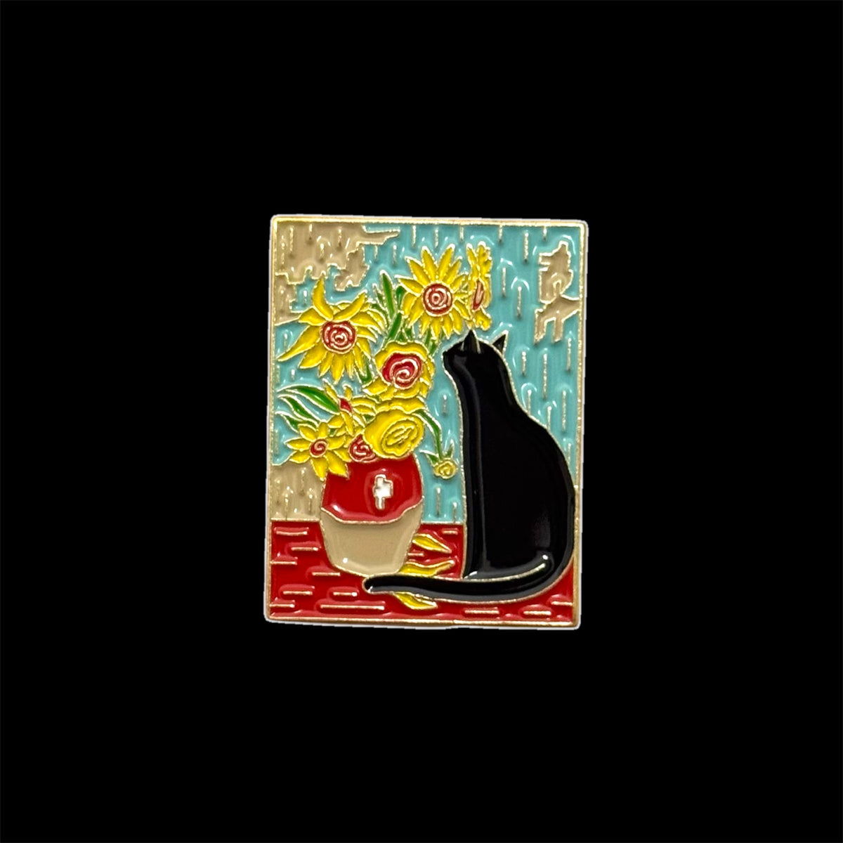 Spilletta in Metallo Smaltato - Gatto e Vaso di Girasoli