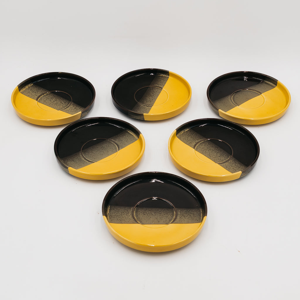Set 6 Piatti da Dessert Vintage SIC Ceramiche Artistiche Giallo e Nero Anni 70