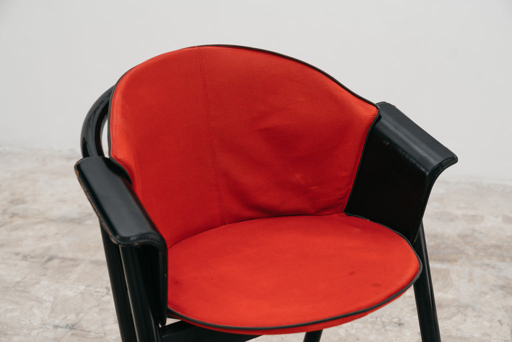 Set 4 Sedie Pozzi & Verga Vintage Anni 70 Legno Laccato Nero Tessuto Rosso Modernariato Design
