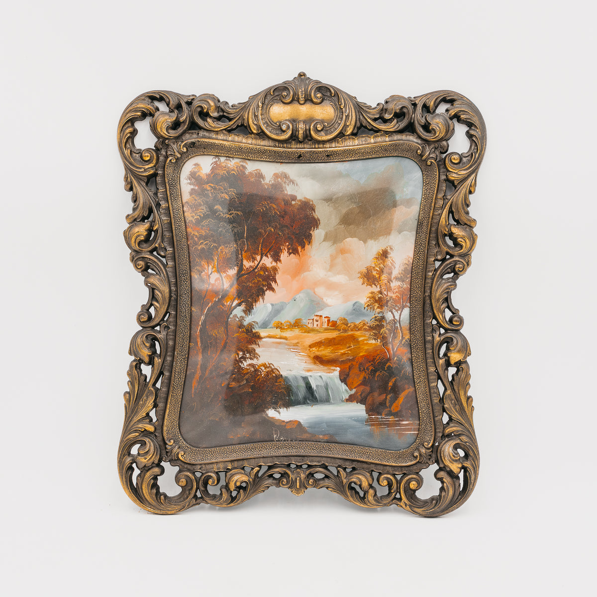 Quadro su Tela Paesaggio Vintage Autunnale con Cascata e Ricca Cornice Barocca