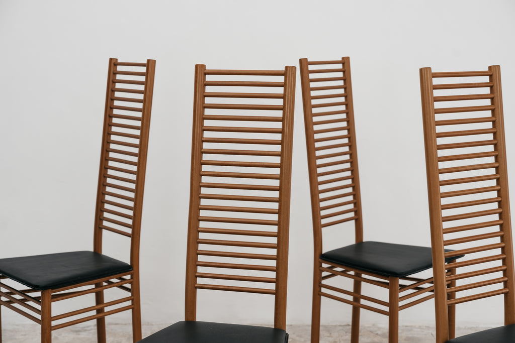 Set 4 Sedie Schienale Alto Vintage Anni 80 Legno Chiaro Pelle Nera Modernariato Design