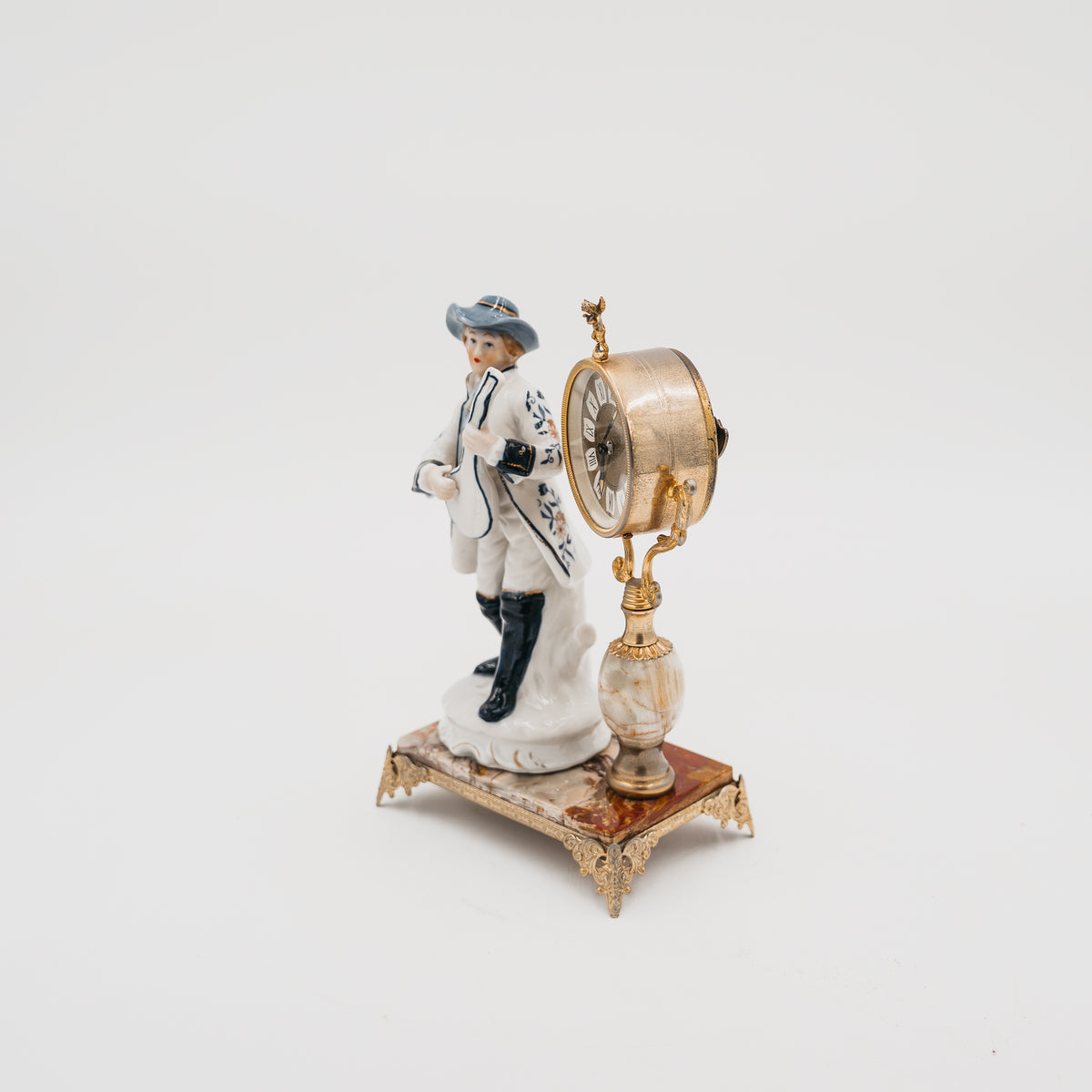 Orologio da Tavolo Vintage con Statuetta in Porcellana e Base in Marmo
