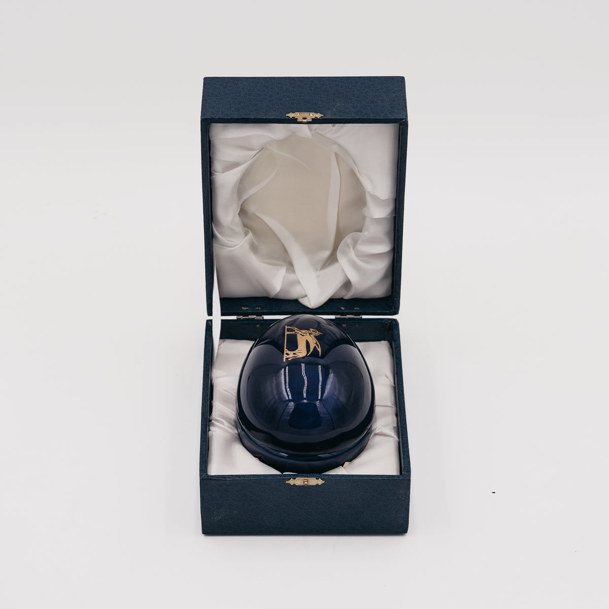 Scatola Portagioie a Uovo in Porcellana Blu Cobalto Stile Fabergé - Oggetto da Collezione con Custodia Originale