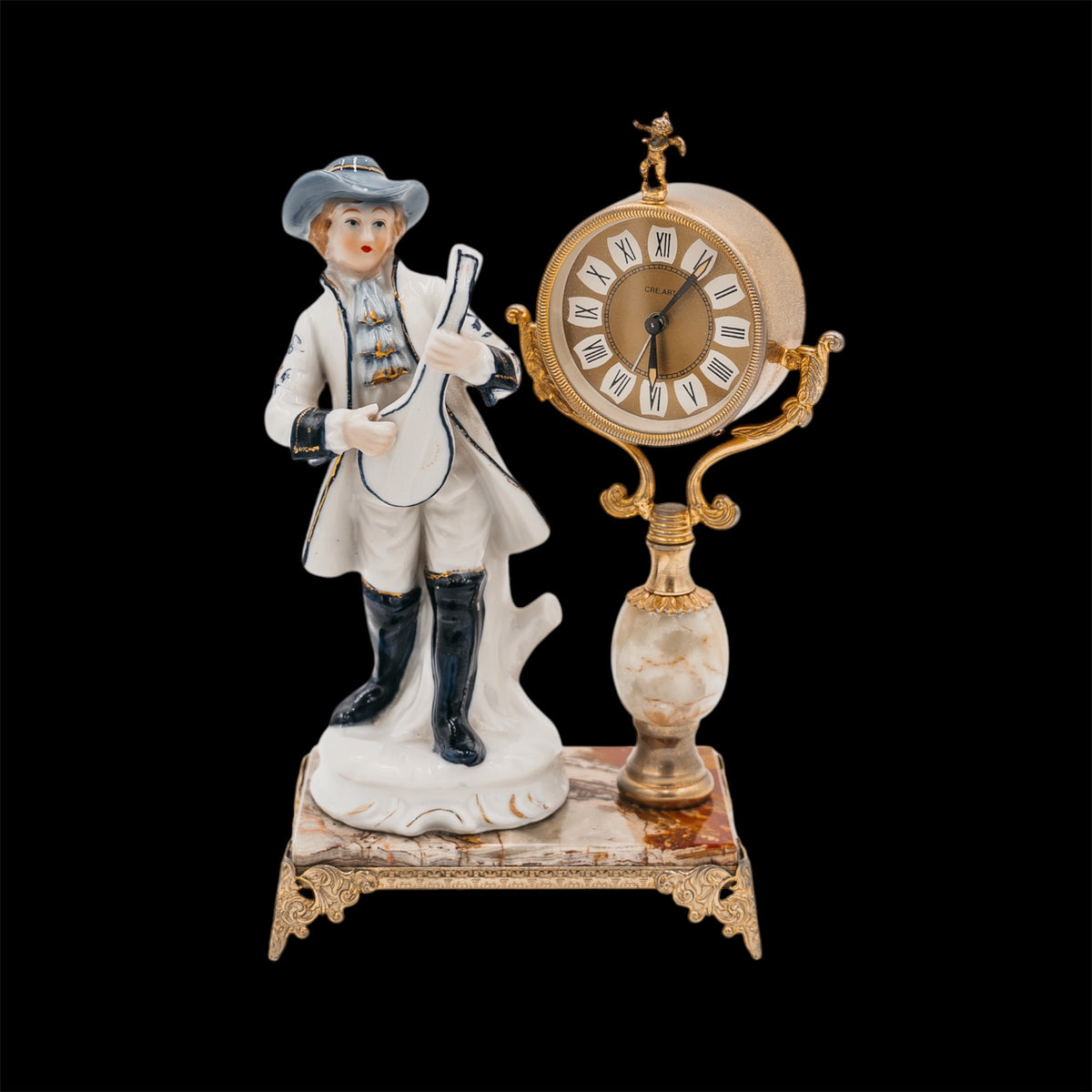 Orologio da Tavolo Vintage con Statuetta in Porcellana e Base in Marmo
