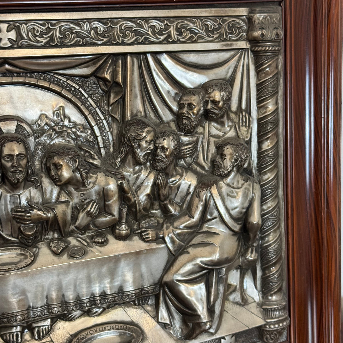 Quadro Bassorilievo Vintage "Ultima Cena de Jesus" in Metallo Argentato / Brunito