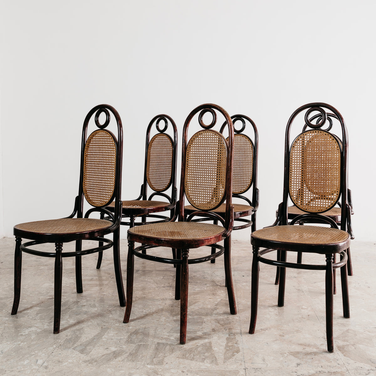 Set 6 Sedie Sautto & Liberale Vintage Anni 50 Legno Curvato Paglia di Vienna Stile Thonet Leone