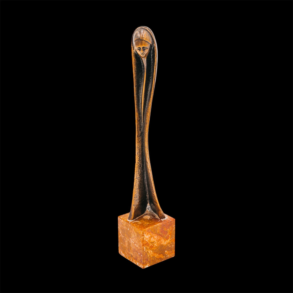 Scultura Madonna Stilizzata Vintage in Bronzo con Base in Marmo