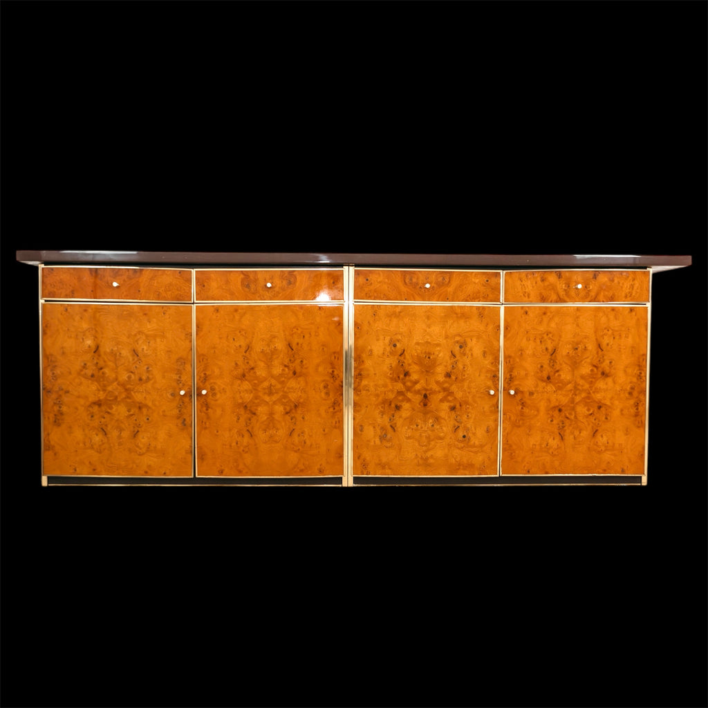 Credenza Sideboard Vintage Modernista in Pregiata Radica e Dettagli in Ottone (Anni '70)