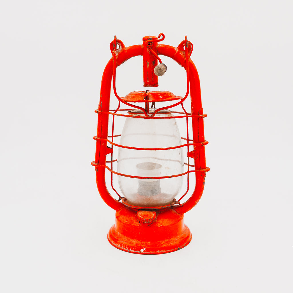 Lanterna Vintage in Metallo Rosso Lampada a Petrolio da Cantiere o Ferrovia con Vetro