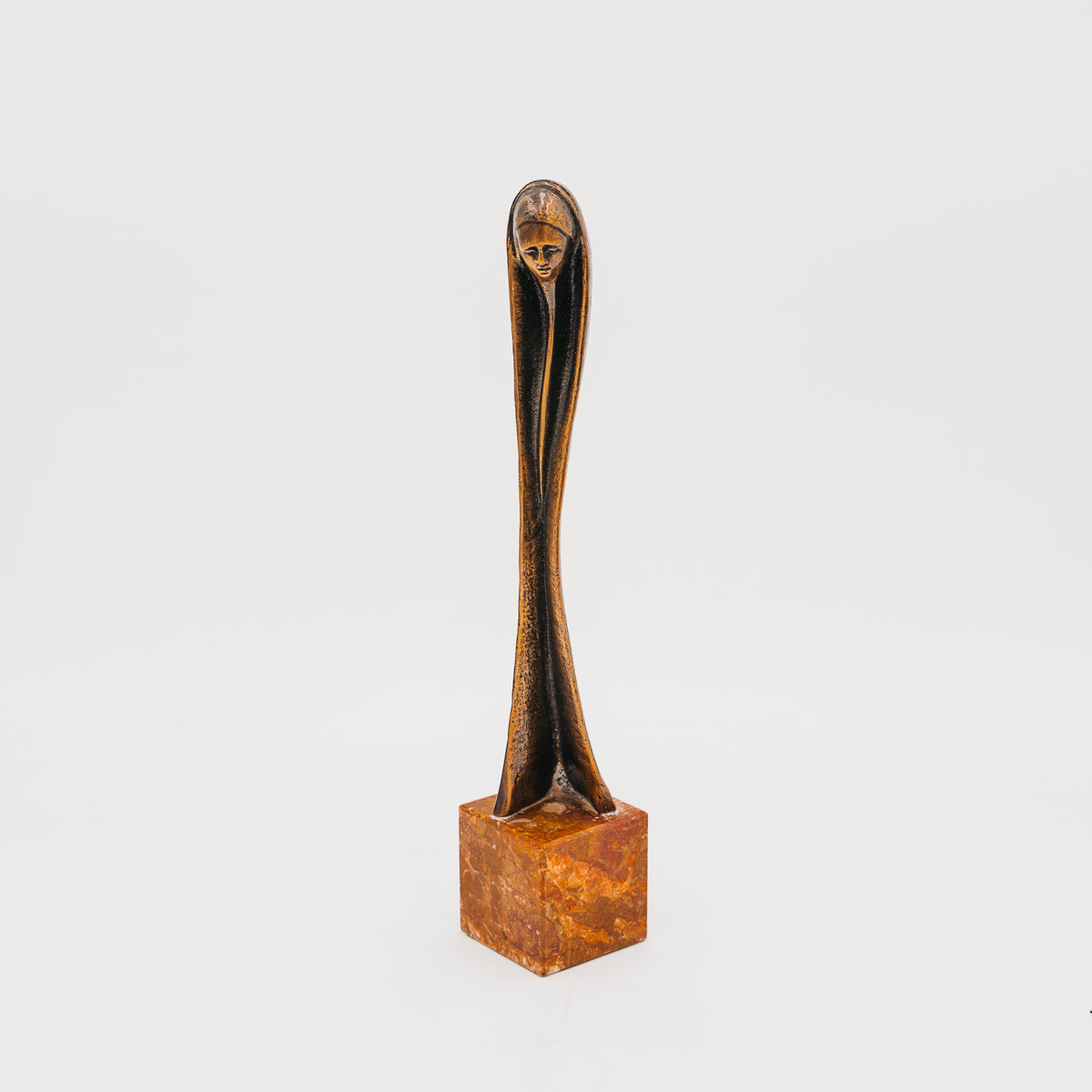 Scultura Madonna Stilizzata Vintage in Bronzo con Base in Marmo