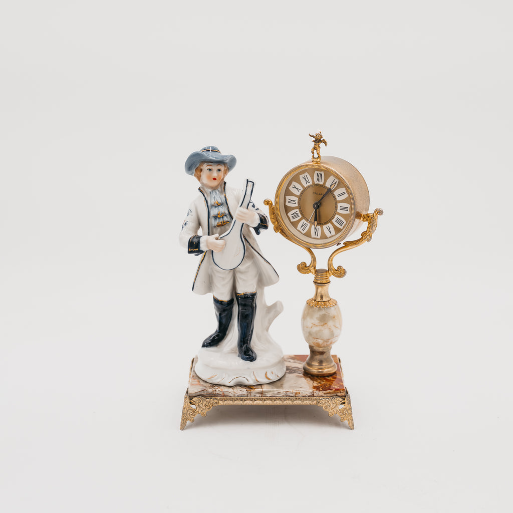 Orologio da Tavolo Vintage con Statuetta in Porcellana e Base in Marmo