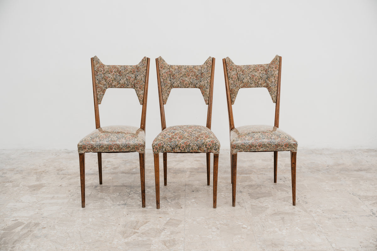 Set 3 Sedie Ico Parisi Modello 1950. Vintage Anni 50 Noce e Tessuto Floreale Modernariato