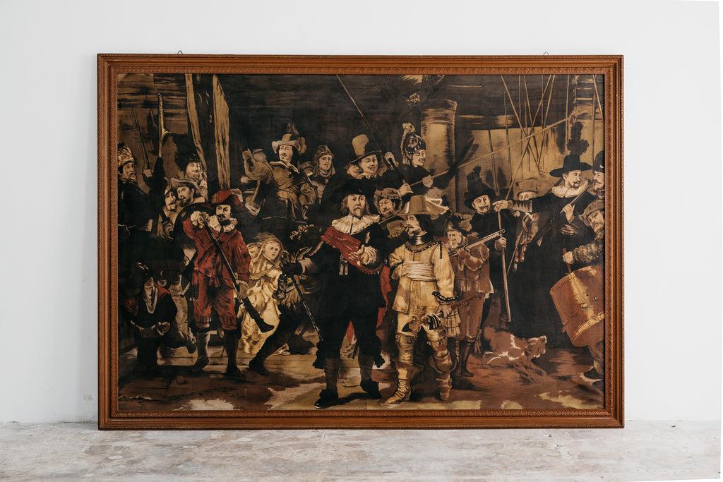 Large Vintage Reproduction of Rembrandt’s "The Night Watch" – Mixed Media on Fabric (191x136 cm)