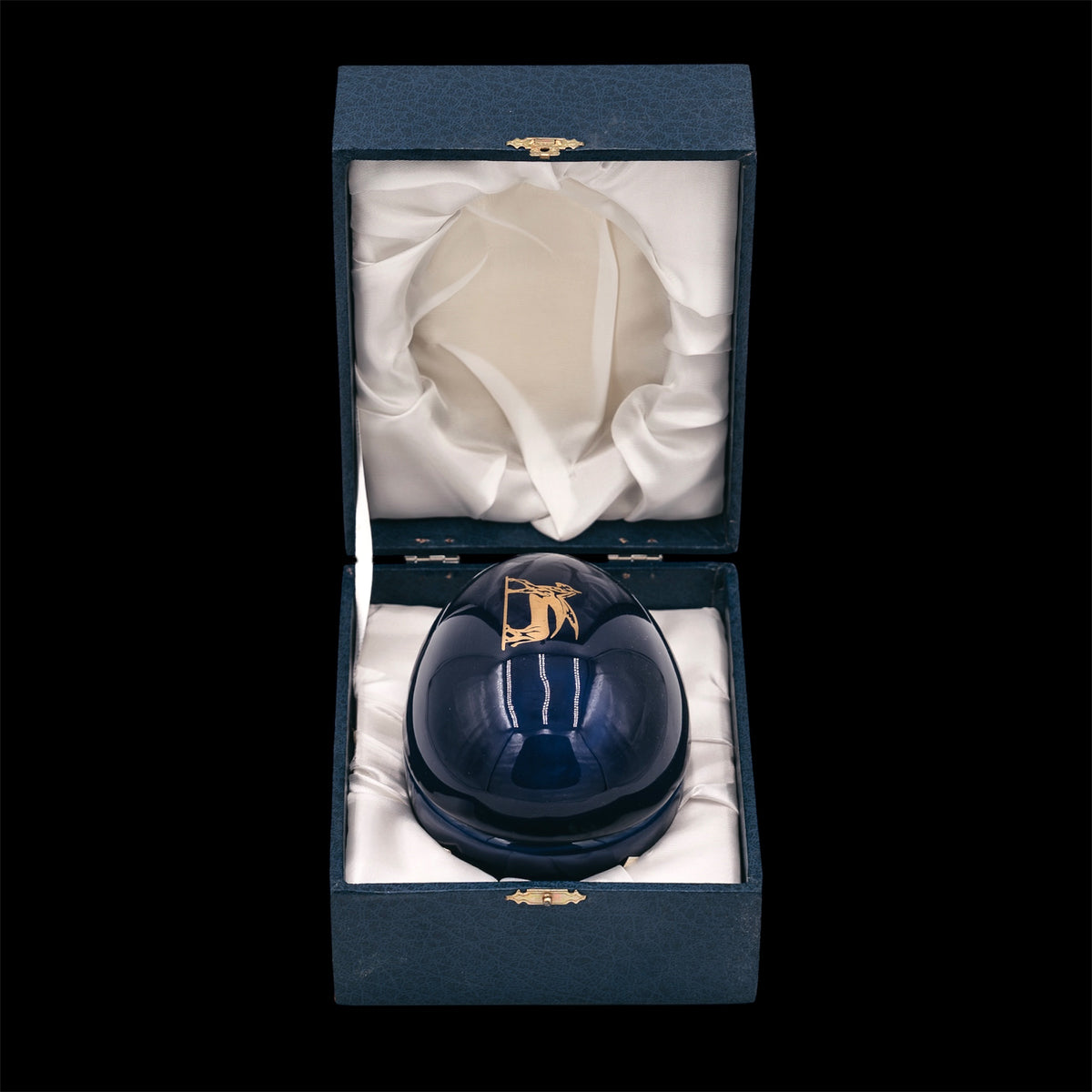 Scatola Portagioie a Uovo in Porcellana Blu Cobalto Stile Fabergé - Oggetto da Collezione con Custodia Originale