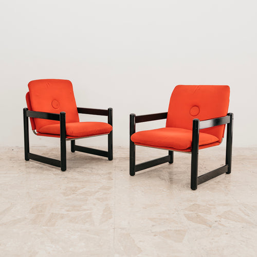 Coppia di Poltrone Vintage Schirolli Modello Pierrot in Legno Laccato e Panno Rosso (Anni '80)
