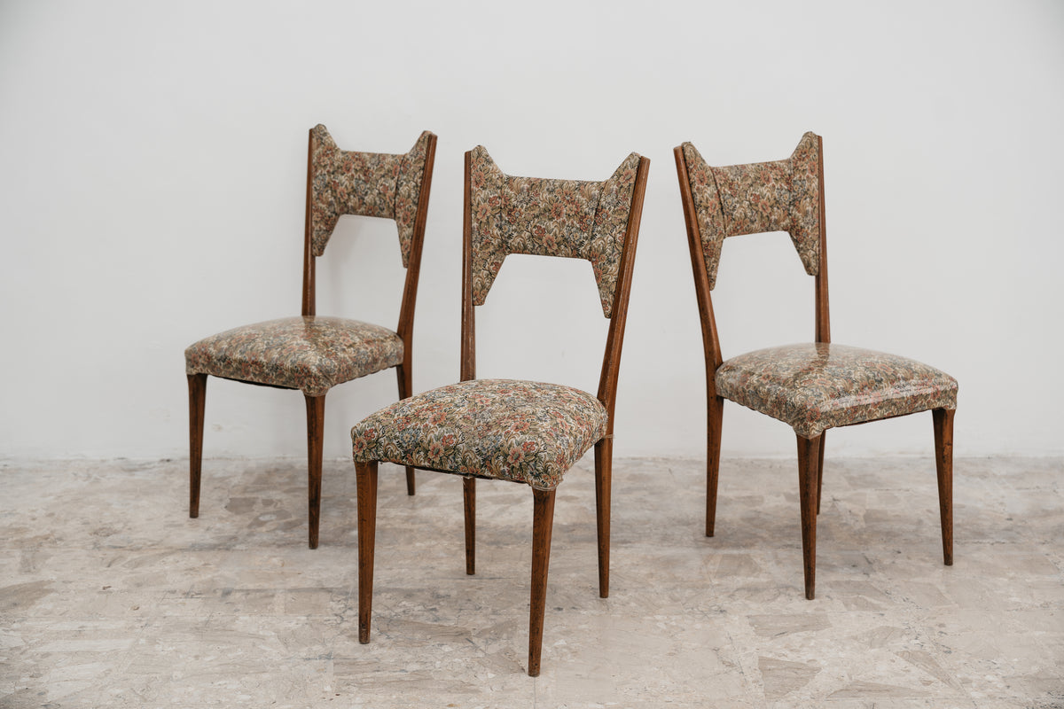 Set 3 Sedie Ico Parisi Modello 1950. Vintage Anni 50 Noce e Tessuto Floreale Modernariato