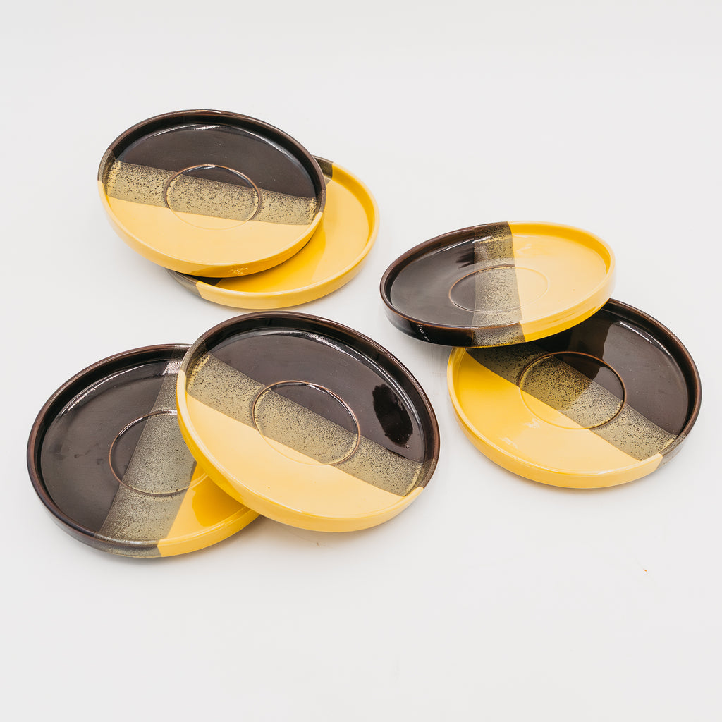Set 6 Piatti da Dessert Vintage SIC Ceramiche Artistiche Giallo e Nero Anni 70