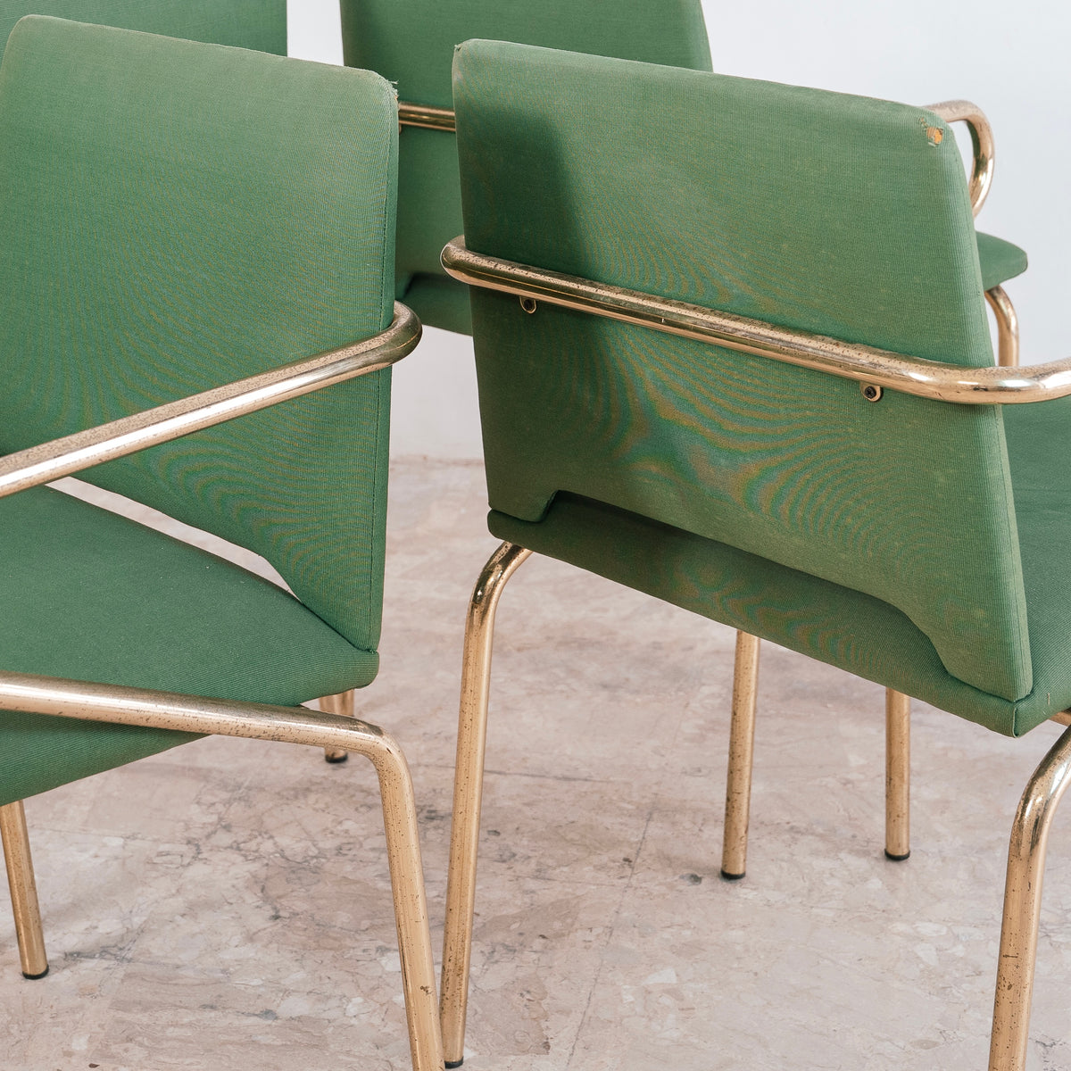 Set di 4 Sedie Poltroncine Vintage Hollywood Regency in Tessuto Verde e Metallo Dorato (Anni '70)