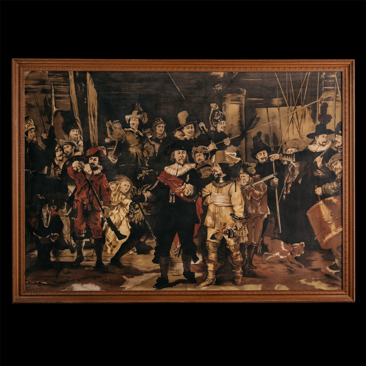 Large Vintage Reproduction of Rembrandt’s "The Night Watch" – Mixed Media on Fabric (191x136 cm)