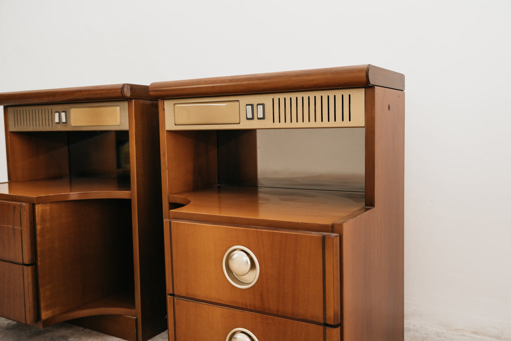 Coppia Comodini Vintage Anni 70 Space Age Legno lampade Integrate Specchio Modernariato Design