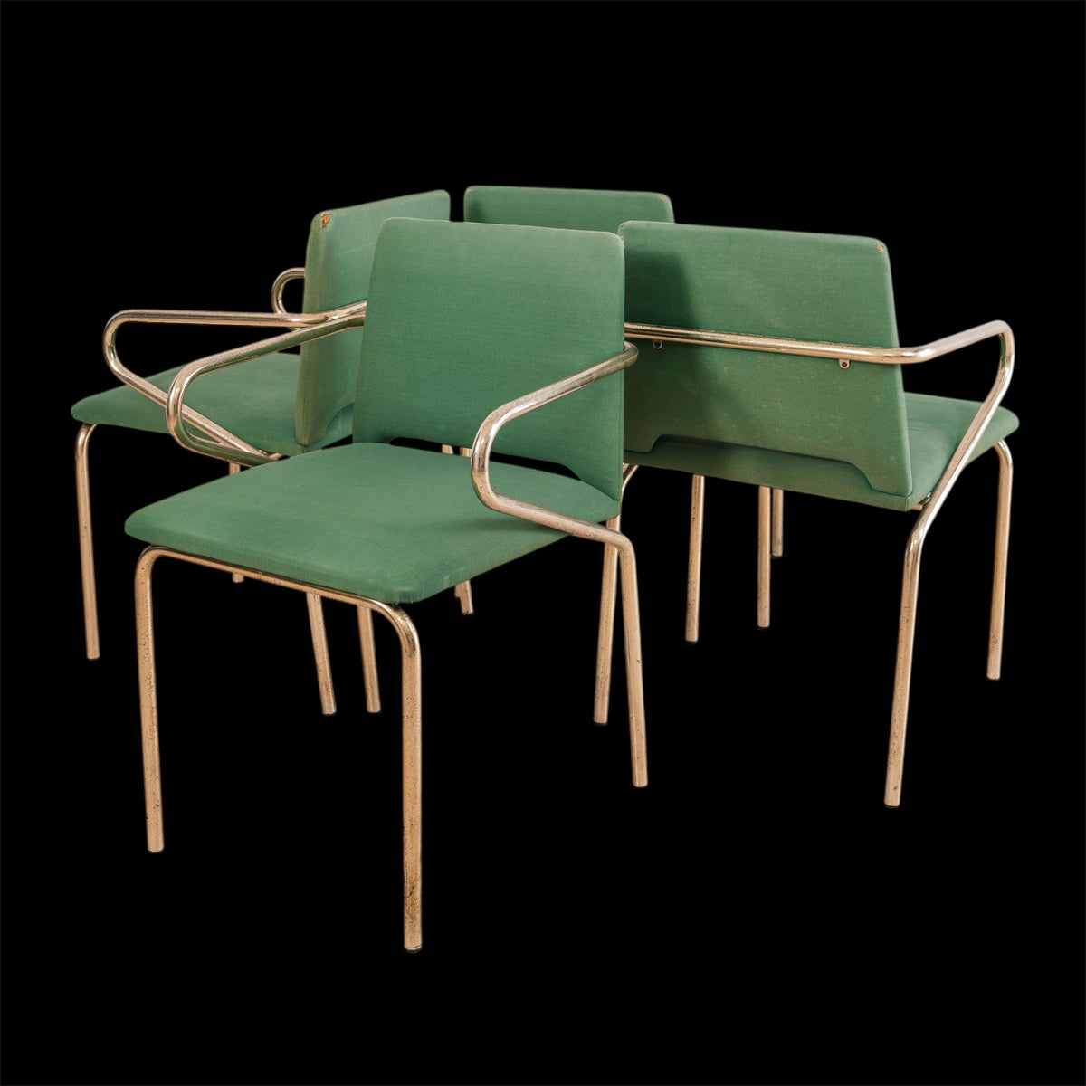 Set di 4 Sedie Poltroncine Vintage Hollywood Regency in Tessuto Verde e Metallo Dorato (Anni '70)