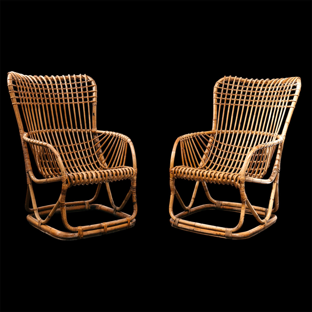Coppia Poltrone Tito Agnoli B4 Bonacina Vintage Anni 50 Rattan Mid-Century Design