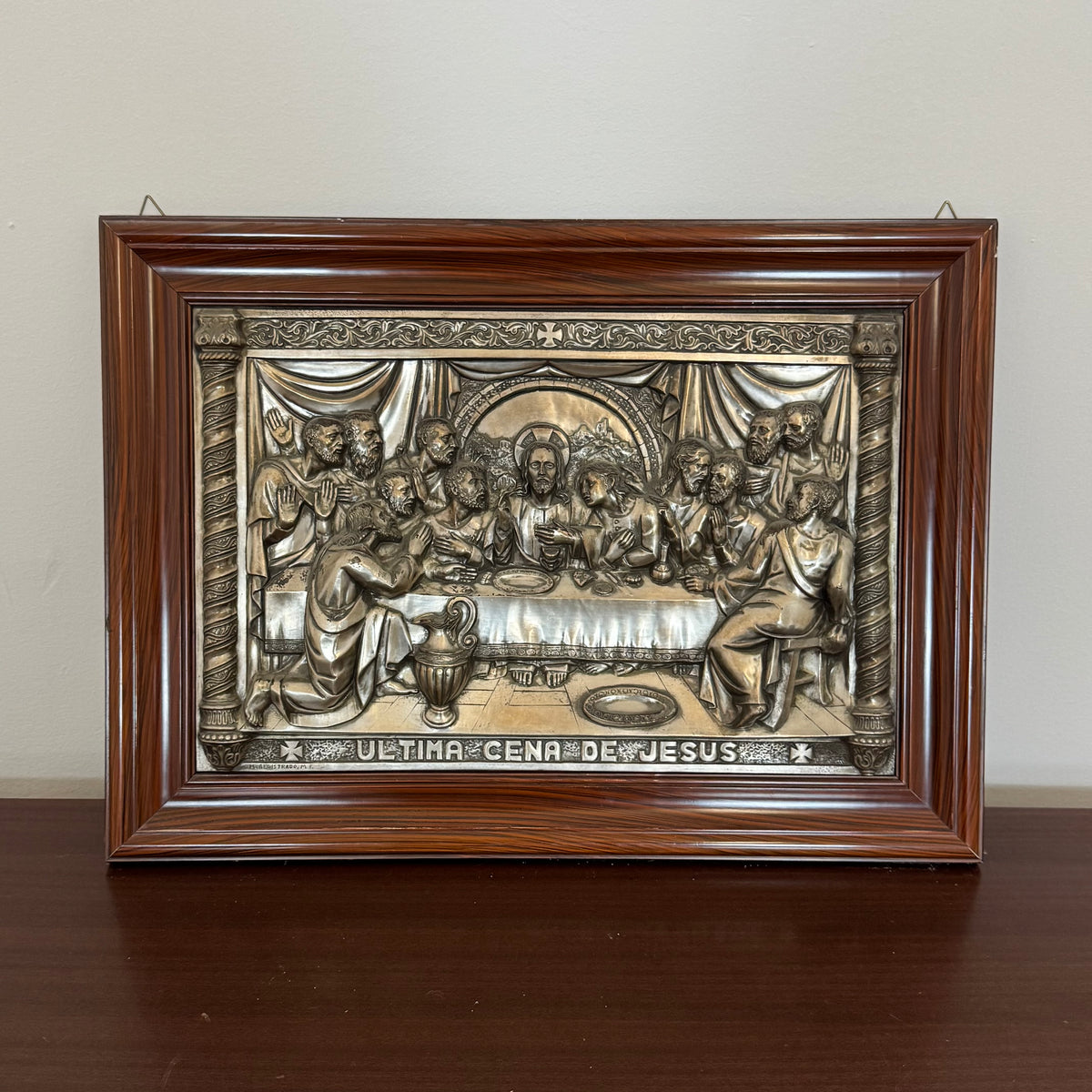 Quadro Bassorilievo Vintage "Ultima Cena de Jesus" in Metallo Argentato / Brunito