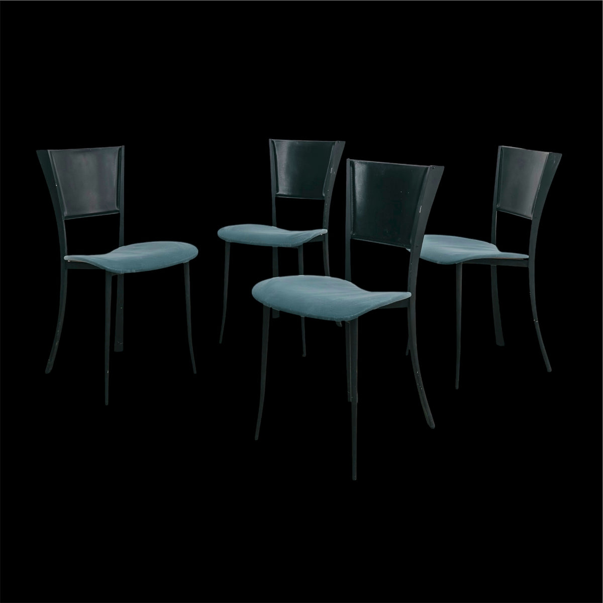 Set 4 Sedie Postmoderne Vintage Anni 80 Metallo Nero Pelle e Tessuto Verde Acqua