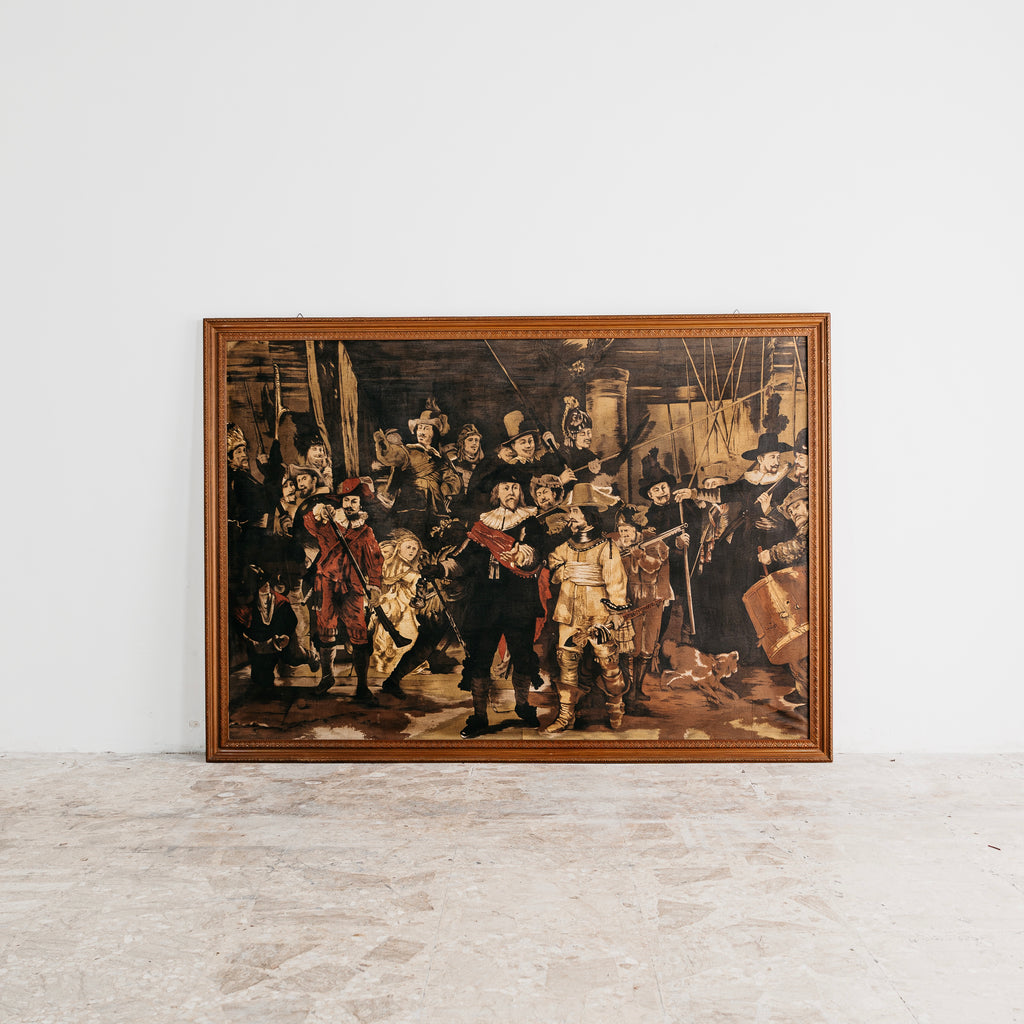 Large Vintage Reproduction of Rembrandt’s "The Night Watch" – Mixed Media on Fabric (191x136 cm)