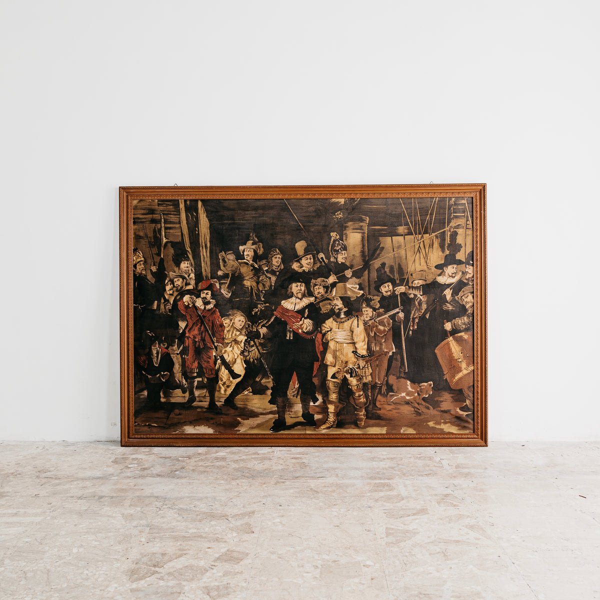 Large Vintage Reproduction of Rembrandt’s "The Night Watch" – Mixed Media on Fabric (191x136 cm)