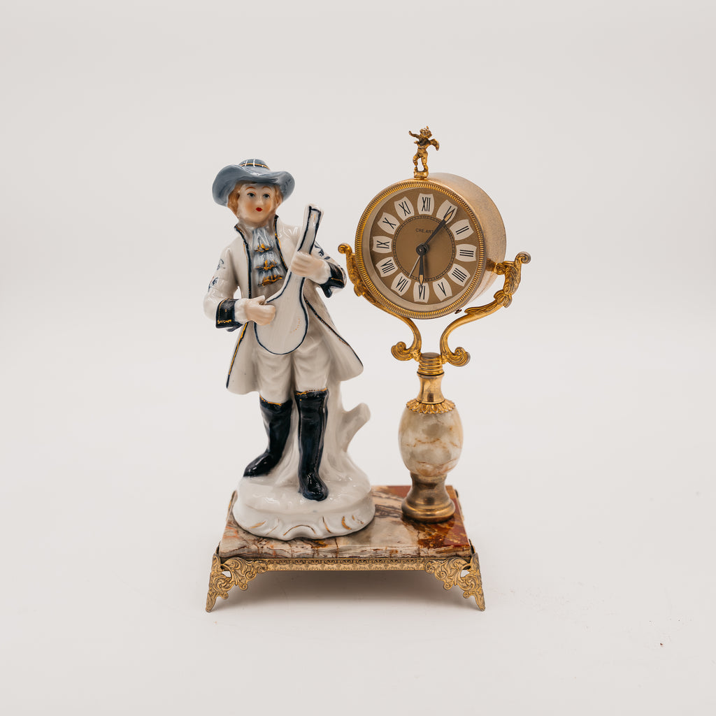 Orologio da Tavolo Vintage con Statuetta in Porcellana e Base in Marmo