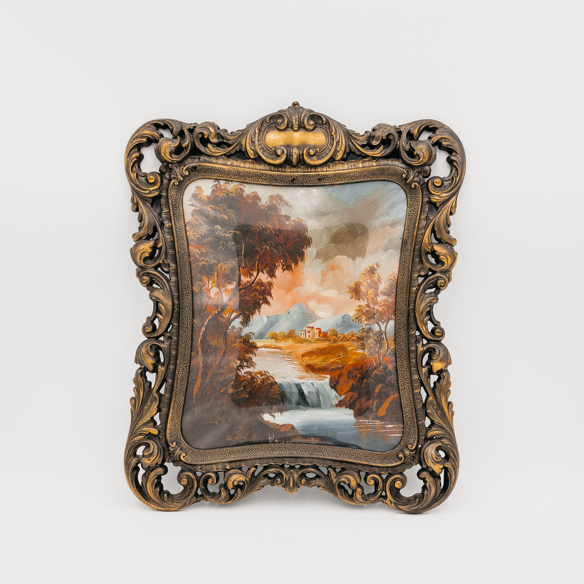 Quadro su Tela Paesaggio Vintage Autunnale con Cascata e Ricca Cornice Barocca