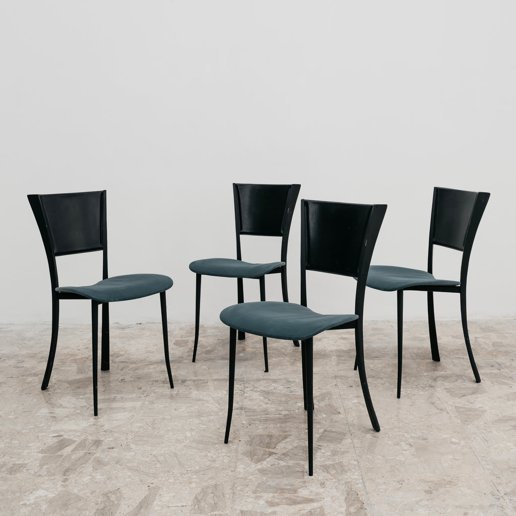 Set 4 Sedie Postmoderne Vintage Anni 80 Metallo Nero Pelle e Tessuto Verde Acqua