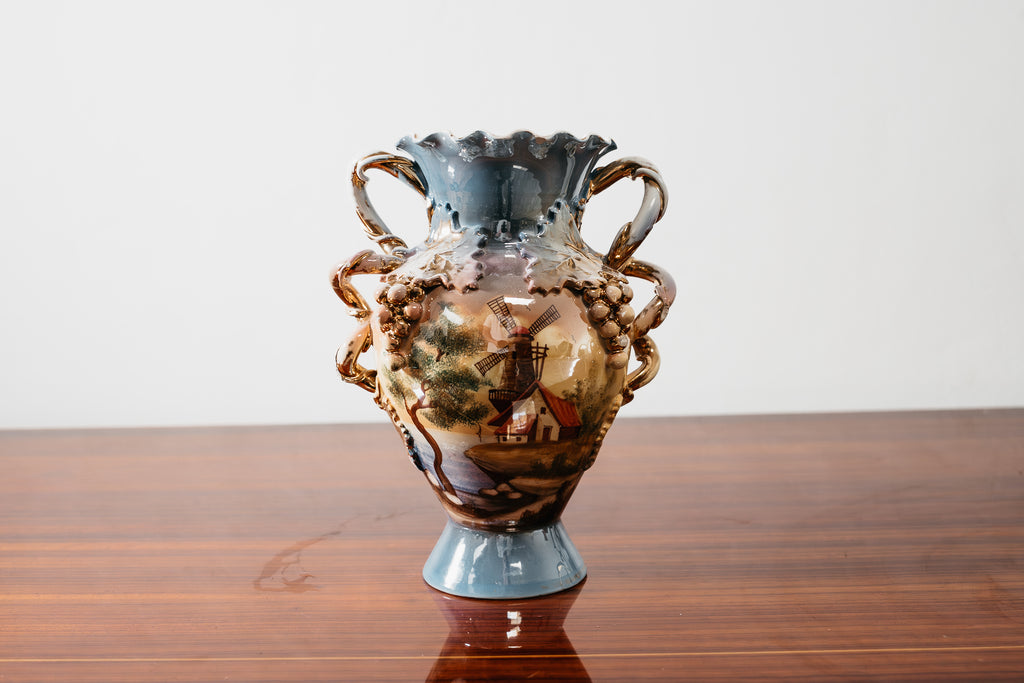 Vaso Vintage Anni 60 Ceramica Oro Grappoli Uva Manici Oro