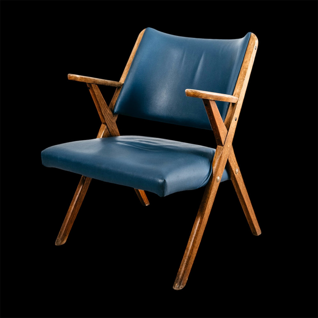 Poltrona Lounge Vintage Dal Vera in Legno e Skai Blu (Anni '50/'60)